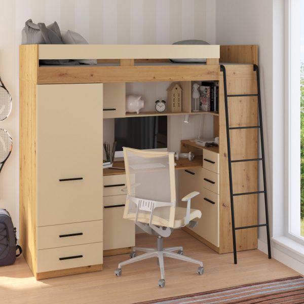 Mezzanine bunk bed SMYK Artisan Oak / Cream – Right side ladder