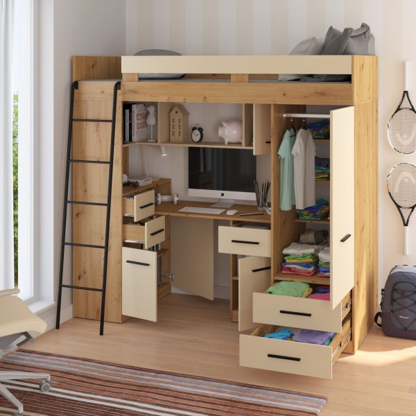 Mezzanine bunk bed SMYK Artisan Oak Cream – Left side ladder