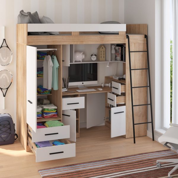 Mezzanine bunk bed SMYK Light Sonoma Oak / White – Right side ladder