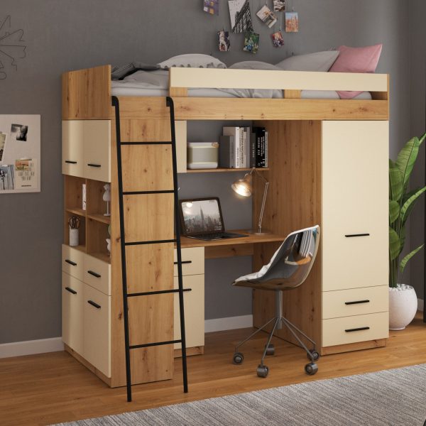 Mezzanine bunk bed LEVEL Artisan Oak Cream – Left side ladder