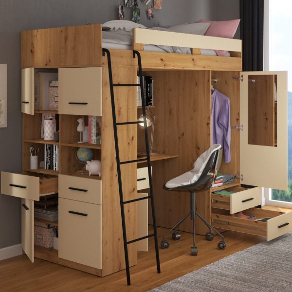 Mezzanine bunk bed LEVEL Artisan Oak Cream – Left side ladder