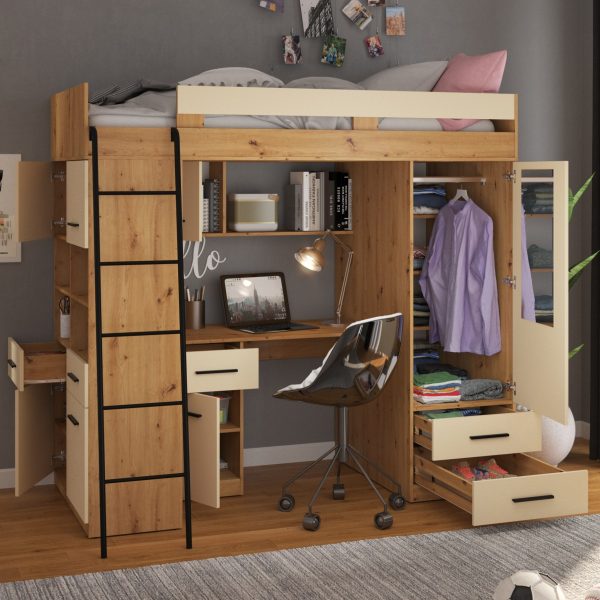 Mezzanine bunk bed LEVEL Artisan Oak Cream – Left side ladder