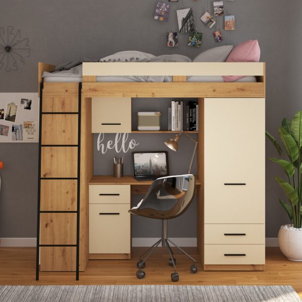 Mezzanine bunk bed LEVEL Artisan Oak Cream – Left side ladder