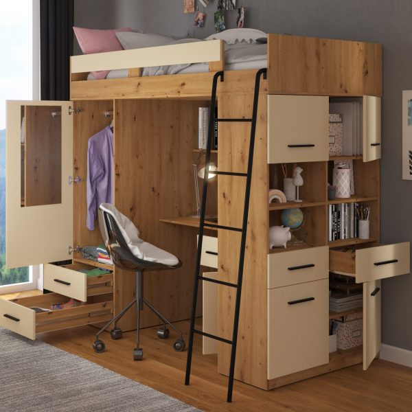 Mezzanine bunk bed LEVEL Artisan Oak Cream – Right side ladder