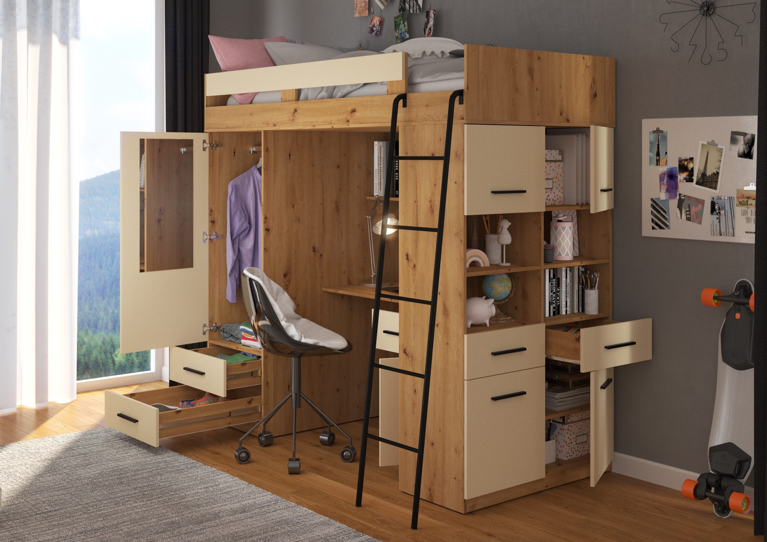 Mezzanine bunk bed LEVEL Artisan Oak Cream – Right side ladder
