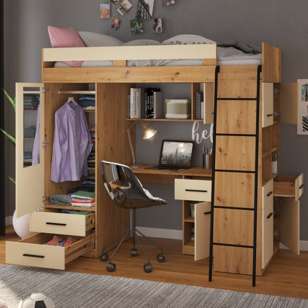 Mezzanine bunk bed LEVEL Artisan Oak Cream – Right side ladder
