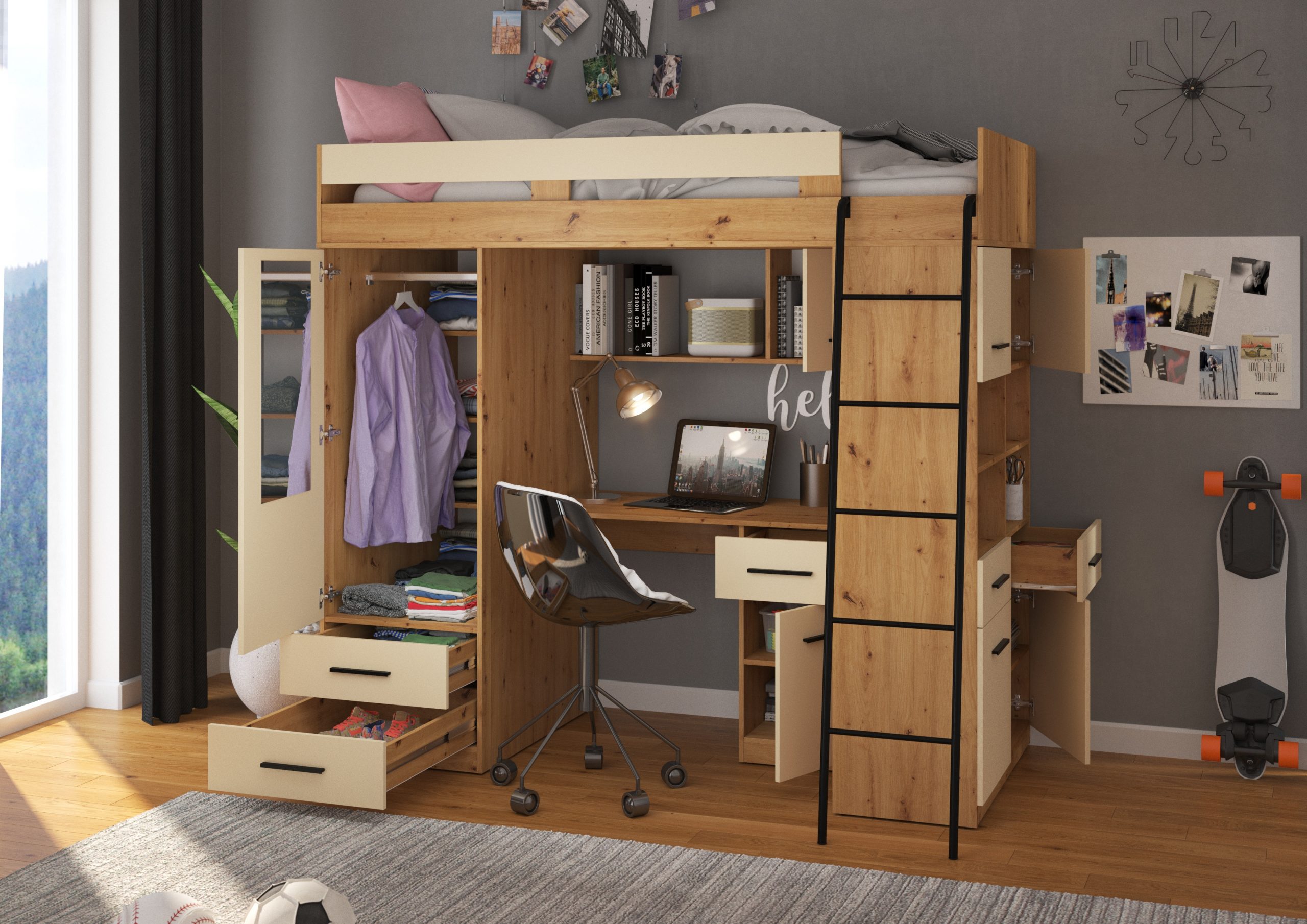 Mezzanine bunk bed LEVEL Artisan Oak Cream – Right side ladder