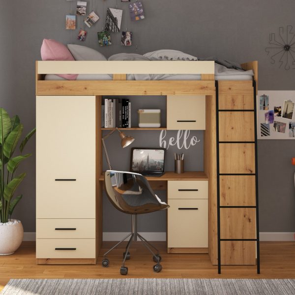 Mezzanine bunk bed LEVEL Artisan Oak Cream – Right side ladder