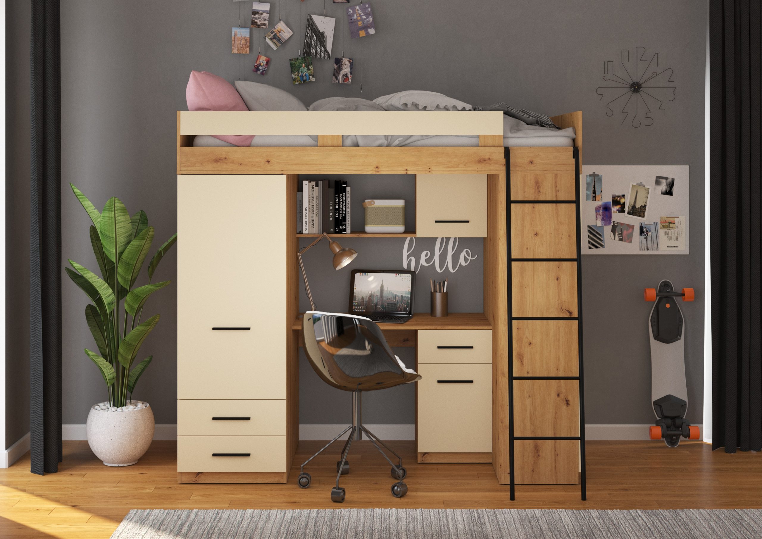 Mezzanine bunk bed LEVEL Artisan Oak Cream – Right side ladder