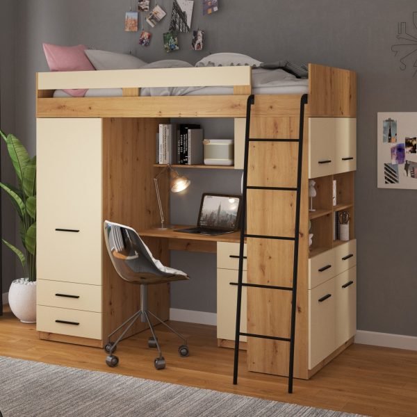 Mezzanine bunk bed LEVEL Artisan Oak Cream – Right side ladder