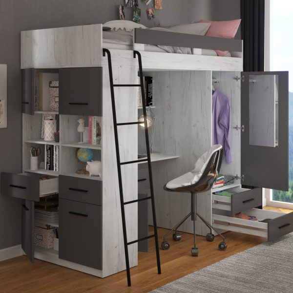 Mezzanine bunk bed LEVEL CraftWhite Graphite – Left side ladder