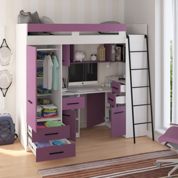 Mezzanine bunk bed SMYK White / Lavender / Violet – Right side ladder