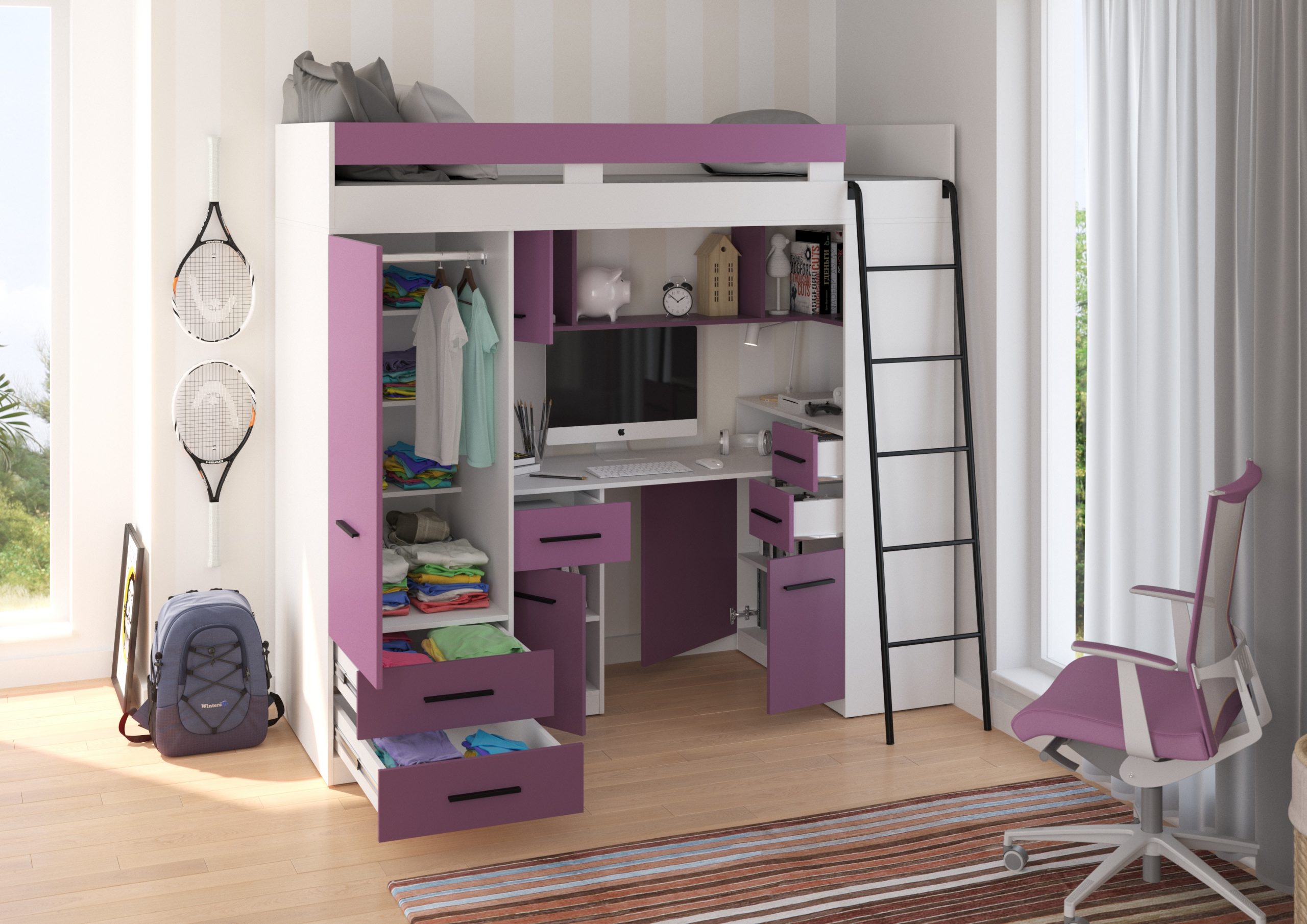 Mezzanine bunk bed SMYK White / Lavender / Violet – Right side ladder