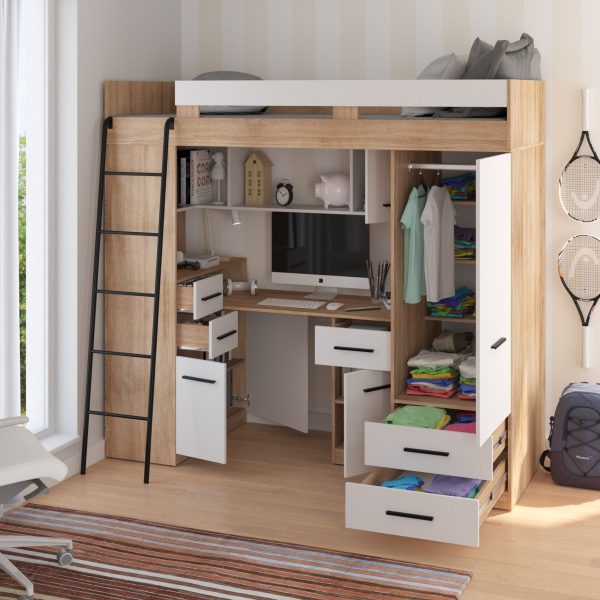 Mezzanine bunk bed SMYK Light Sonoma Oak White – Left side ladder