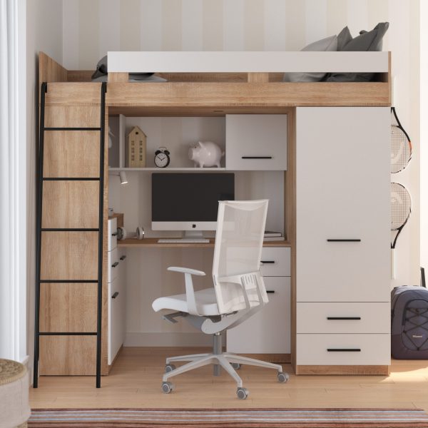 Mezzanine bunk bed SMYK Light Sonoma Oak White – Left side ladder