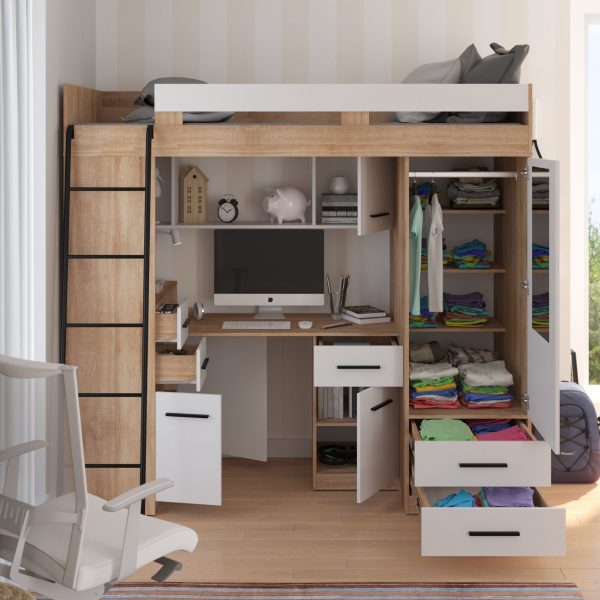 Mezzanine bunk bed SMYK Light Sonoma Oak White – Left side ladder