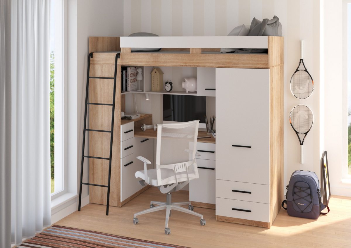 Mezzanine bunk bed SMYK Light Sonoma Oak White – Left side ladder