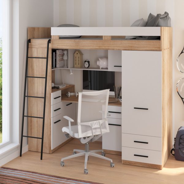 Mezzanine bunk bed SMYK Light Sonoma Oak White – Left side ladder