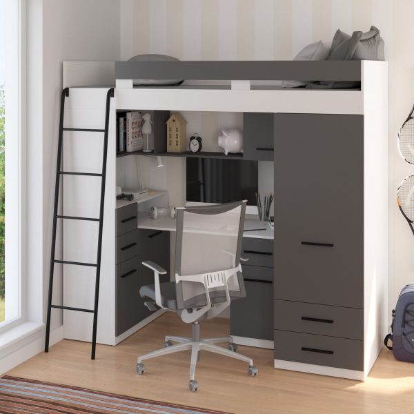 Mezzanine bunk bed SMYK White Graphite – Left side ladder