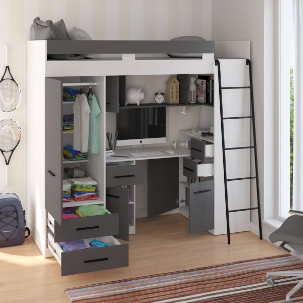 Mezzanine bunk bed SMYK White / Graphite – Right side ladder