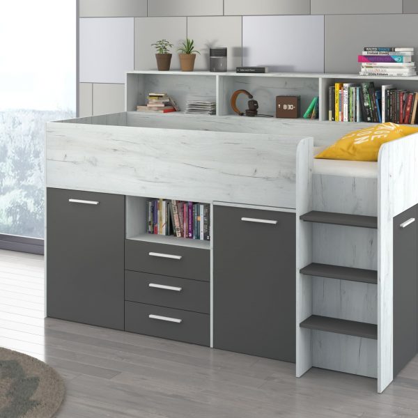 Mezzanine bed NOE Craft White Graphite – Right side steps