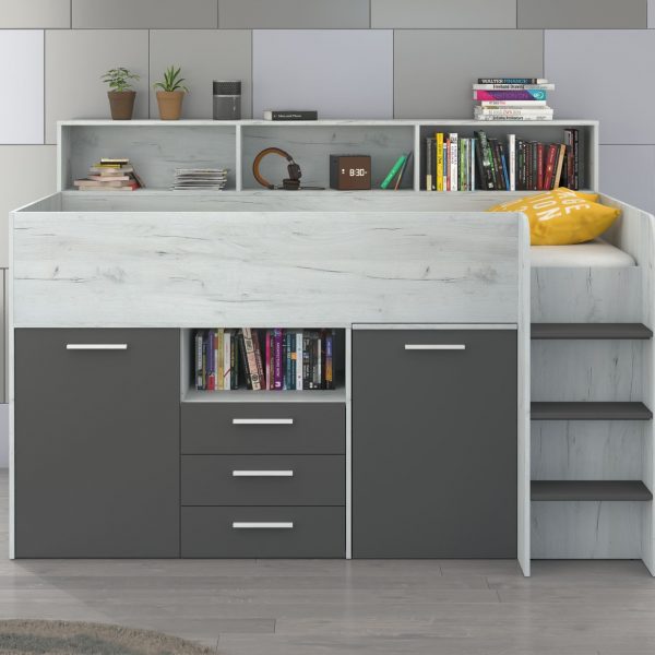 Mezzanine bed NOE Craft White Graphite – Right side steps