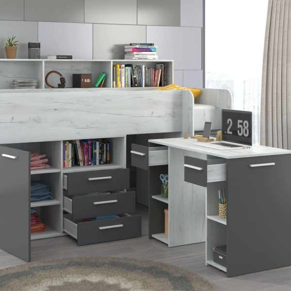 Mezzanine bed NOE Craft White Graphite – Right side steps