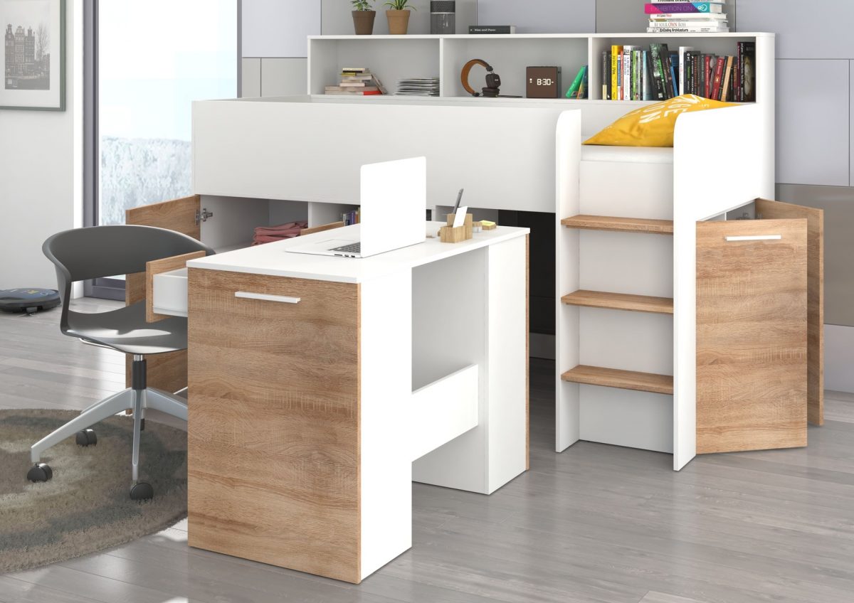 Mezzanine bed NEO Sonoma Oak Light / White – Right side steps