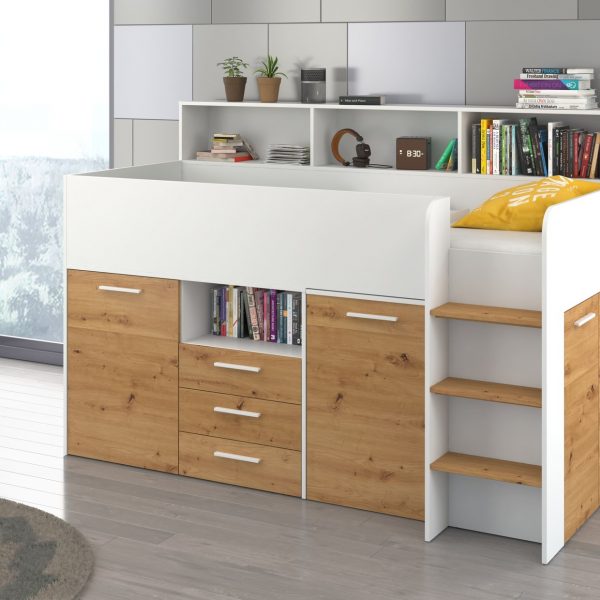 Mezzanine bed NOE Sonoma White Artisan Oak – Right side steps