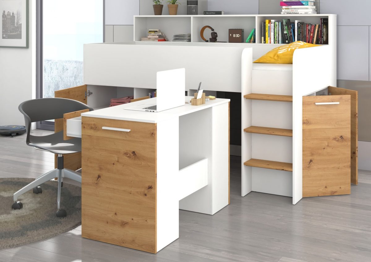 Mezzanine bed NOE Sonoma White Artisan Oak – Right side steps