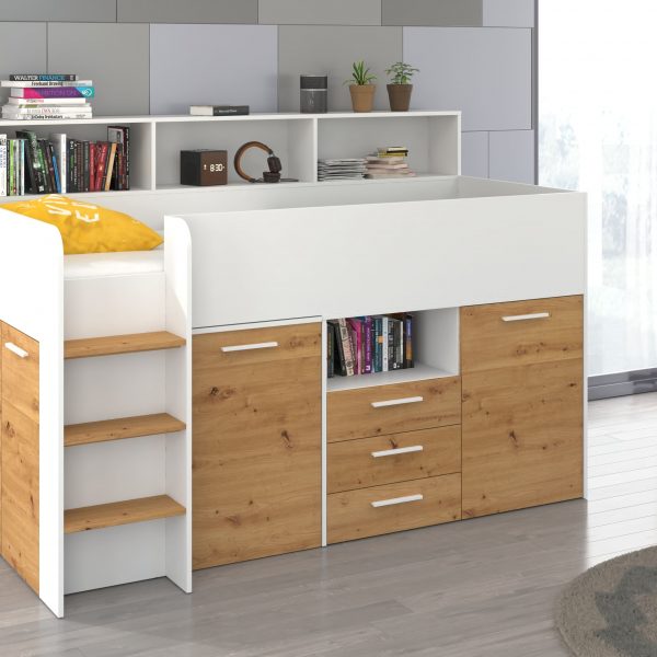 Mezzanine bed NOE White Artisan Oak – Left side steps