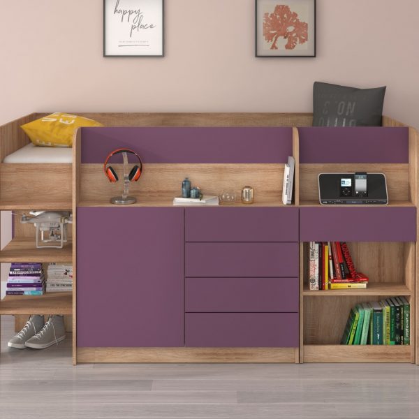 Mezzanine bed SMILE Sonoma Oak Violet - Left side ladder