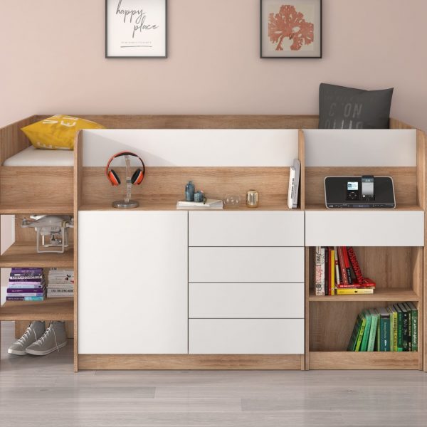 Mezzanine bed SMILE Sonoma Oak White - Left side ladder