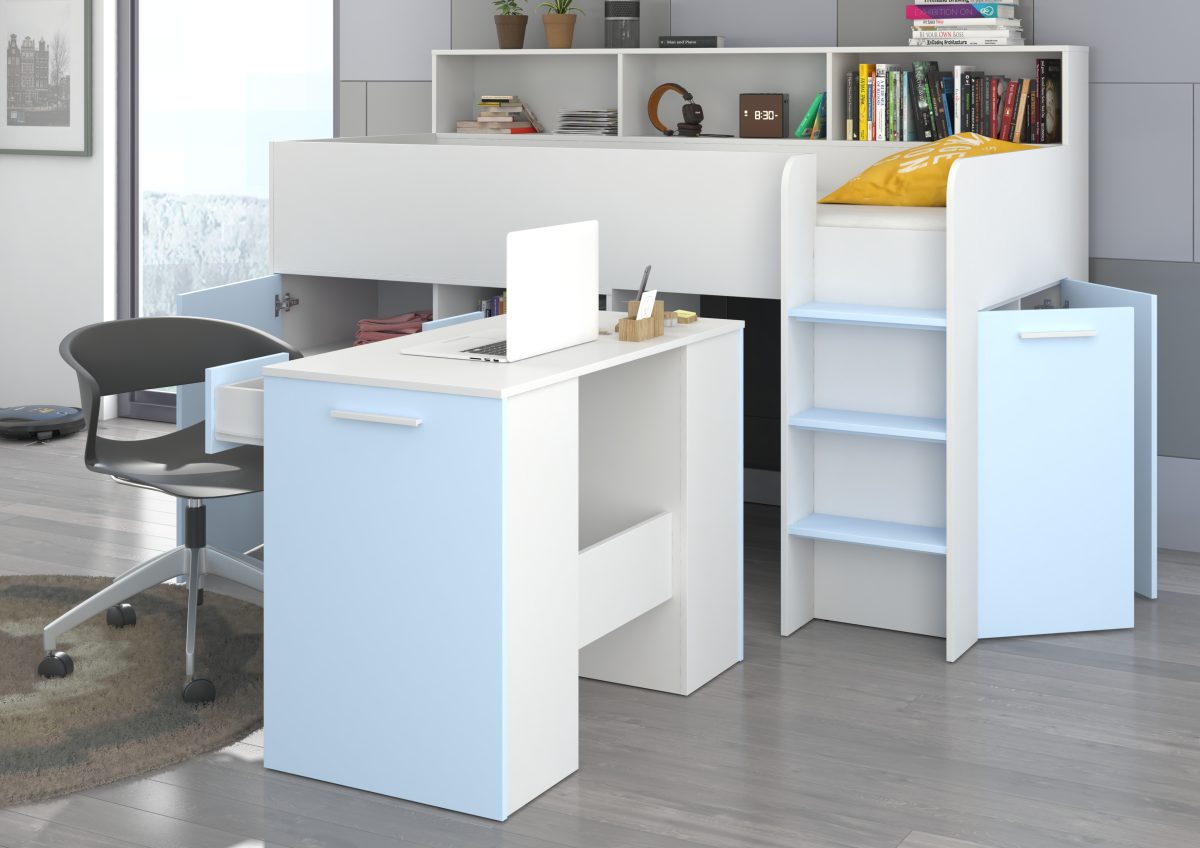 Mezzanine bed NEO White / Sky-blue – Right side steps