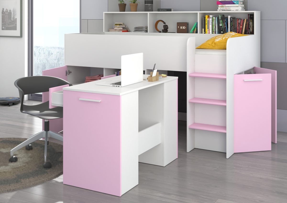 Mezzanine bed NEO White / Lavender – Right side steps