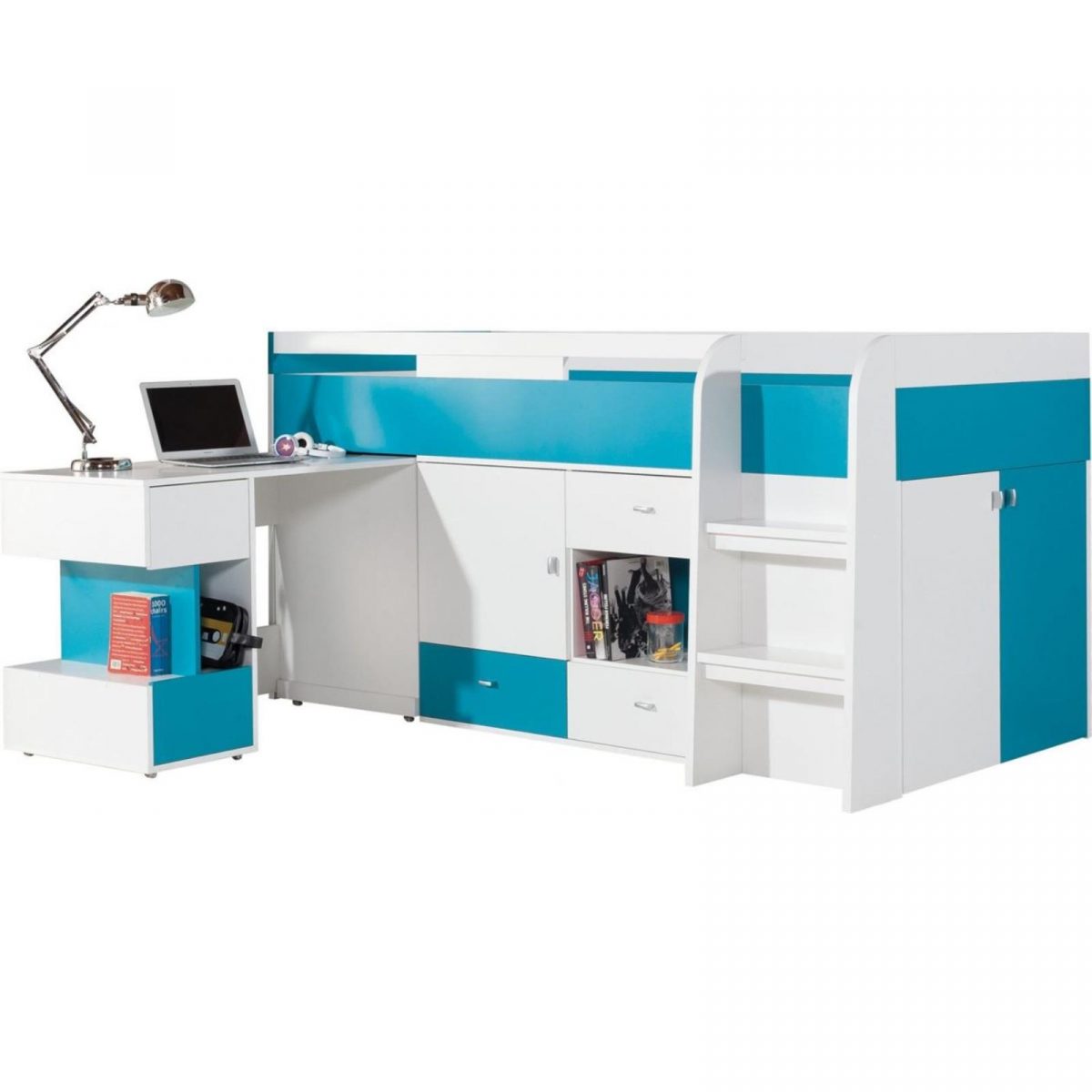 La collection MOBI Blanc Lux/ Turquoise: Lit mi-hauteur - Lit mezzanine – MO21