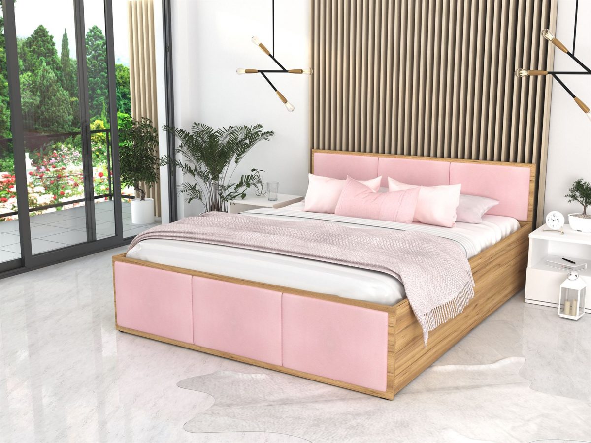 Bett PANAMA 160 – lamellierte Möbelplatte: Eiche Craft – Polsterelemente: Puderrosa