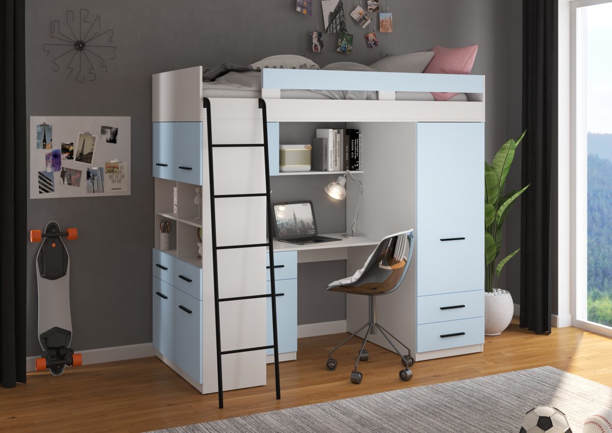 Mezzanine Lit Superposé LEVEL Blanc / Bleu Ciel - Échelle côté gauche