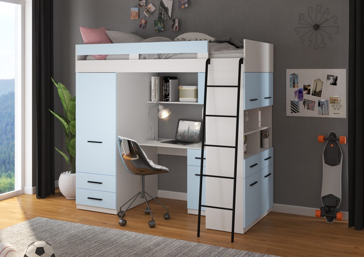 Mezzanine Lit Superposé LEVEL Blanc / Bleu Ciel - Échelle côté droit