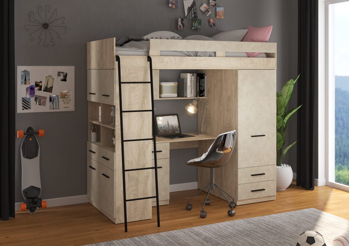 Mezzanine Lit Superposé LEVEL Chêne Abouté / Granada Amande - Échelle côté gauche