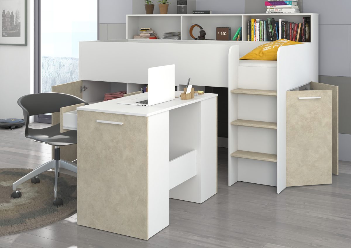 Mezzanine bed NEO White / Granada Almond – Right side steps