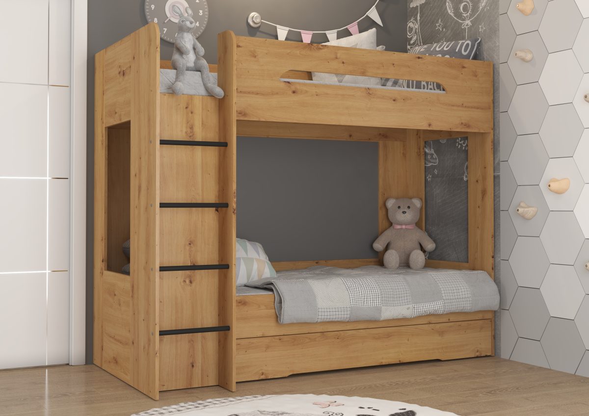 Lit superposé - BLANC - Échelle à gauche Artisan Chêne