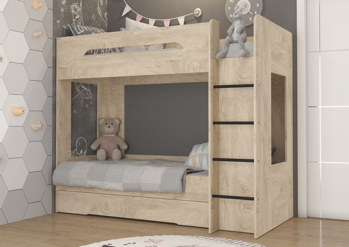 Etagenbett - BLANC - Rechte Leiter - Endgrain Eiche