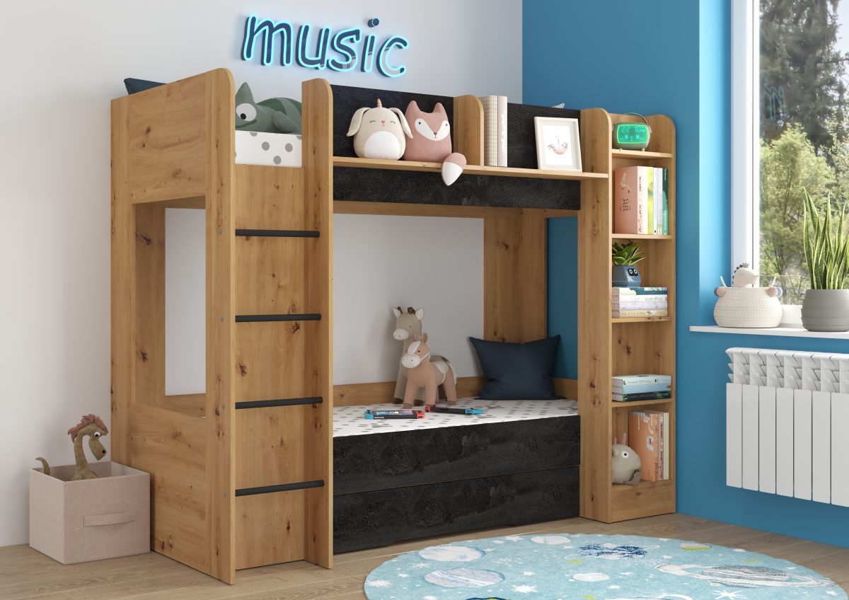 Lit Superposé EVEREST - Échelle à gauche - Artisan Chêne Béton Noir