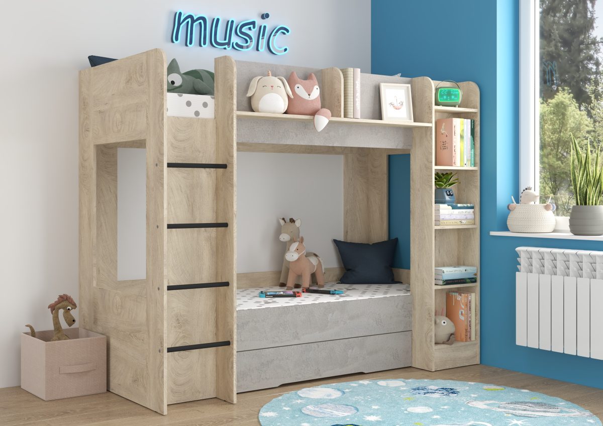 Bunk Bed EVEREST - Left Ladder - Endgrain Oak Concrete Gray