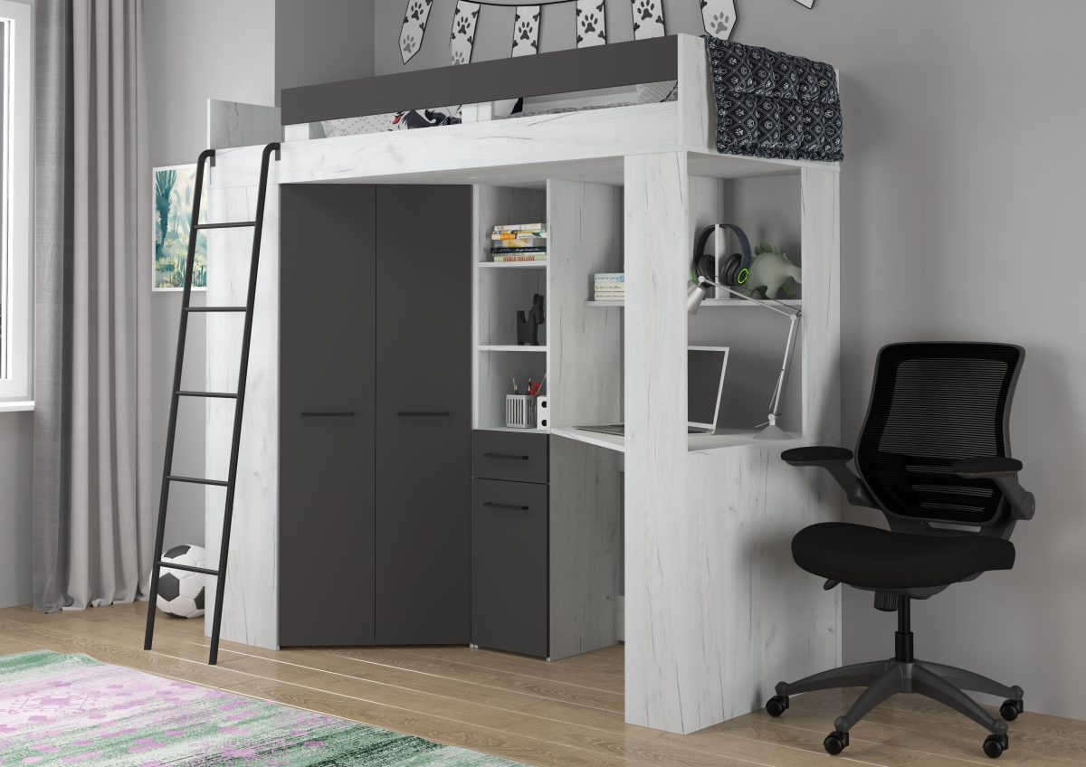 High Sleeper Bed FLOOR - Left Ladder - Craft White Graphite