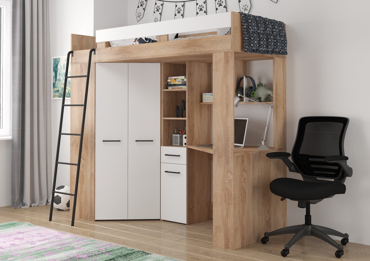 Lit Mezzanine FLOOR - Échelle à gauche - Sonoma Chêne Clair Blanc