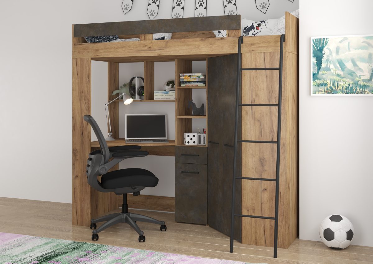 Lit Mezzanine FLOOR - Échelle à droite - Chêne Craft Doré Granada Brun