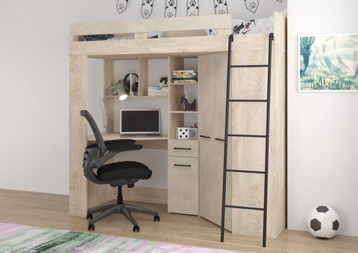 Lit Mezzanine FLOOR - Échelle à droite - Endgrain Chêne Granada Amande