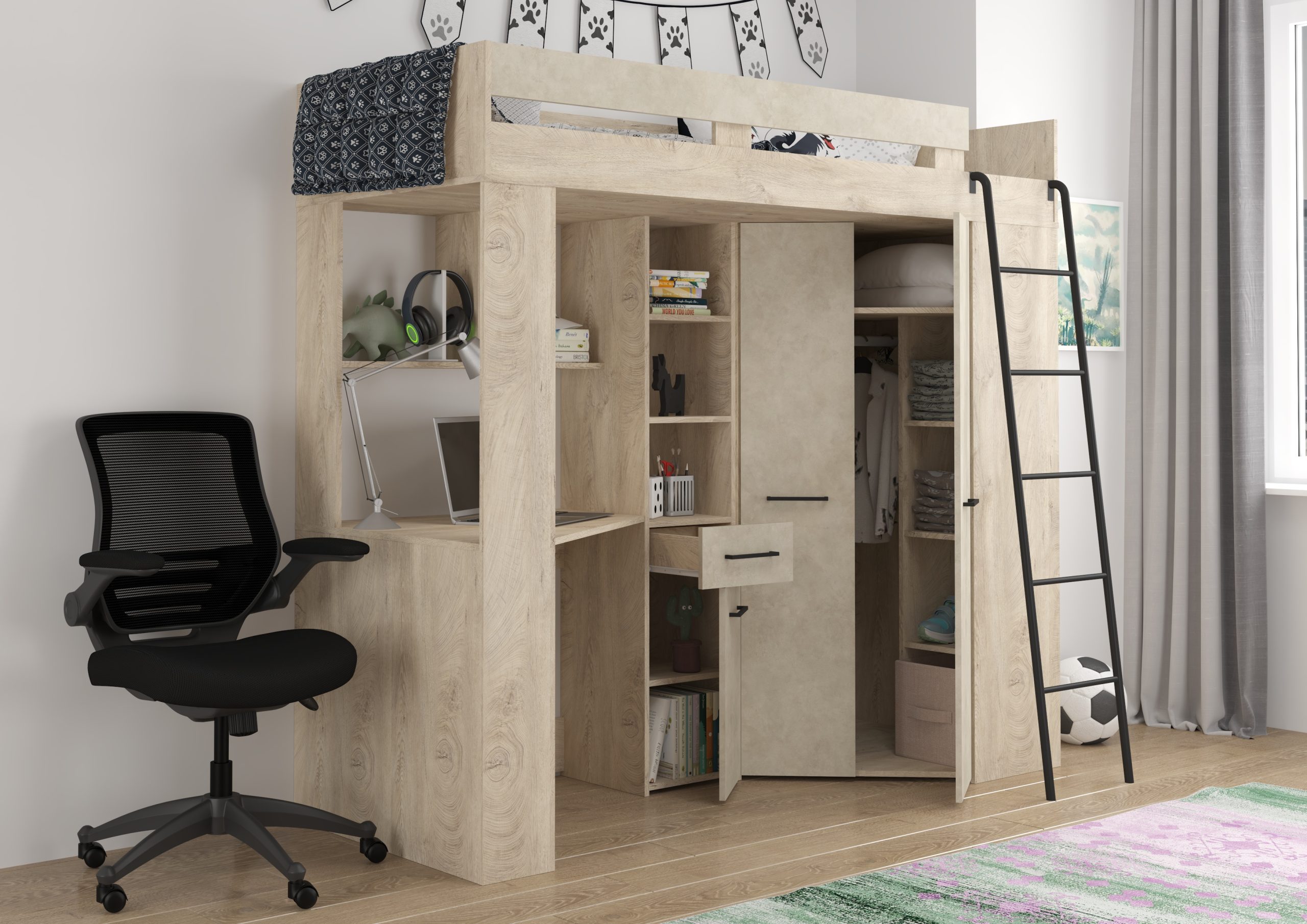 High Sleeper Bed FLOOR - Right Ladder - Endgrain Oak Granada Almond ...